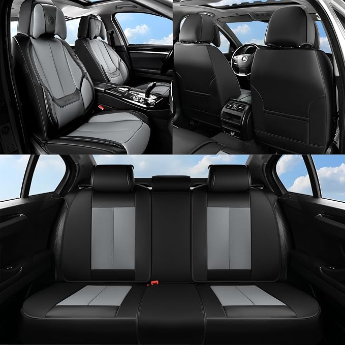 Coverado Seat Covers, Car Seat Covers Front Seats, Car Seat Cover, Car Seat Protector Waterproof, Seat Cushion Nappa Leather with Head Pillow, Carseat Cover Universal Fit for Most Cars (Black&Gray)