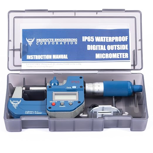 PEC Tools IP65 Absolute Origin Digital Micrometer 0-1"/25mm, Oil & Splashproof, High Accuracy Measuring Tool with LCD Display, Carbide Measuring Faces, Spindle Lock, with Inch/Metric Conversion