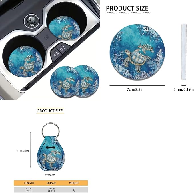 Suobstales Turtle Water Plants Print Car Accessories Car Seat Covers Full Set Interior Cover Seat Protectors with Steering Wheel Cover, Seat Belt Pads, Coaster, Keychains