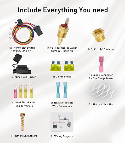 12V Electric Fan Wiring Kit Electric Fan Relay Kit with Thread-in Temperature Probe 185 On 175 Off, Electric Cooling Fan Thermostat Kit, 40 AMP Tinned Copper Waterproof Relay Kit for Cars