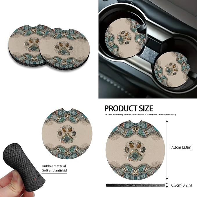 Boho Paw Print Auto Seat Covers Full Set, 10 Pcs Universal Fit Interior Accessories Decor Steering Wheel Cover Car Trash Bin Keychain Coasters Air Vent Storage Box for Women Men