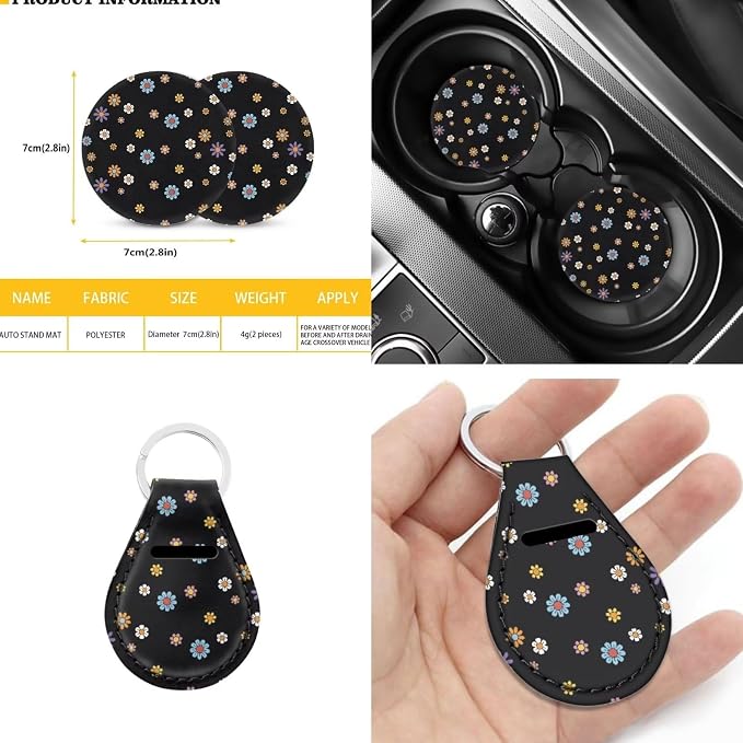 12 Pcs Flower Car Seat Covers for Women,Colorful Groovy Flowers Auto Steering Wheel Cover Protector,Hippie Floral Cup Coaster,Keychain,Shoulder Seatbelt Pad,Soft Armrest Pad Decor Accessories