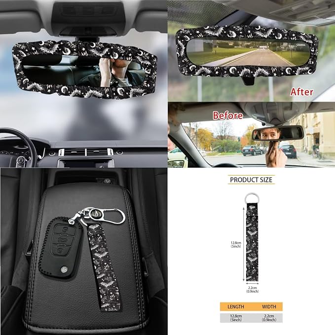 Spider Web Moon Car Seat Covers 15Pcs Full Set Car Steering Wheel Cover Seat Belt Cover Trash Bin Air Vent Storage Box Rear View Mirror Car Cup Holder Keychain Halloween Decor