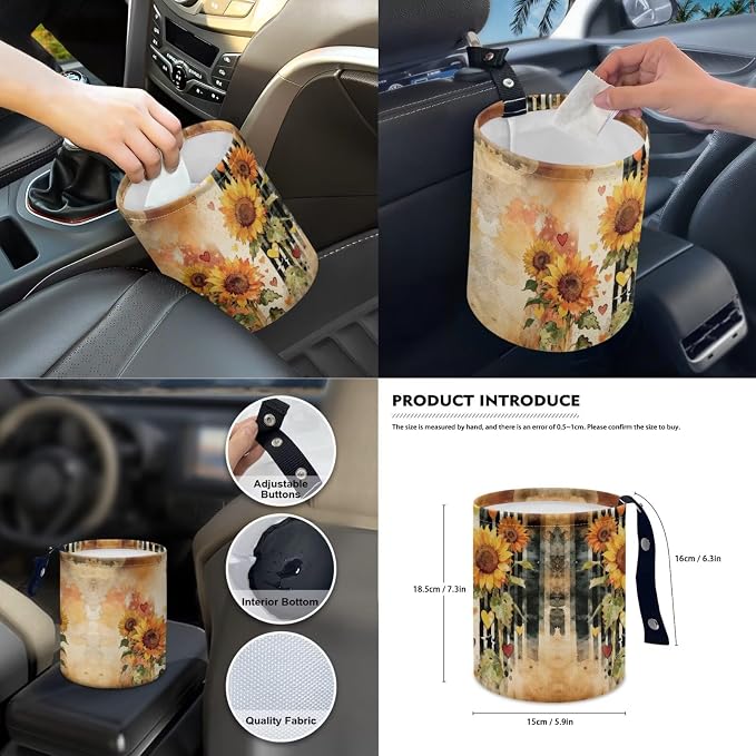 Sunflower Print Full Set Car Seat Covers with Accessories Includes Steering Wheel Cover Center Console Pad Safety Belt Pads Inside Rearview Mirror Cover Garbage Bag Coasters