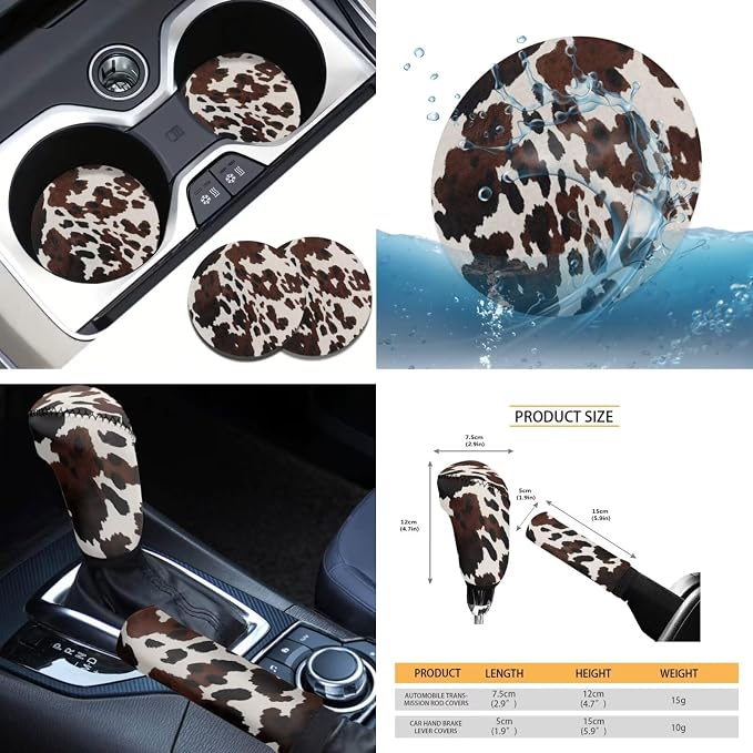 Tupalatus Brown Cow Print 9 Pieces Universal Car Accessories Set Front Car Seat Covers Steering Wheel Cover Auto Seat Belt Cover Coasters Gear Shift Cover Hand Brake Cover