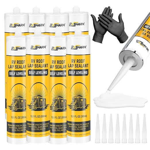 RV Roof Sealant 8 Pack, 30 Seconds Self Leveling Lap Sealant โ White, Fast Curing Waterproof Flexible Caulk RV Sealant with Gloves for Camper Trailer Roofs Maintenance Repair