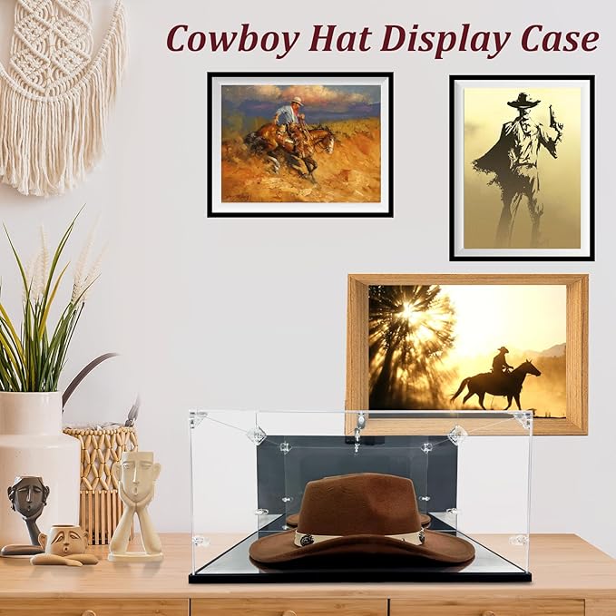 Cowboy Hat Display Case & Protector Box - Dual Mirror - 3mm Clear Premium Acrylic, Dust & UV Proof - Fits Most Hats (16.1" L x 11.8" W x 7.9" H)