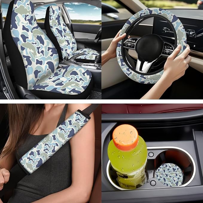 Bulopur Fish Camo Vehicle Seat Covers Front and Back with Auto 15 Inch Steering Wheel Cover Decorative Armrest Cover Comfortable Vehicle Seat Belt Covers 14 PCS Car Interior Accessories Set