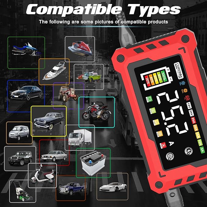 COREBOX Battery Charger 25-Amp 12V/24V Automatic Smart Battery Trickle Charger, Battery Maintainer Desulfator with Temperature Compensation for Car Truck Motorcycle Lawn Mower Marine