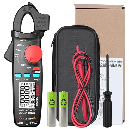 DC Current Clamp Meter 6000 Counts Auto-Ranging Digital Ammeter Amp Ohm Hz Live Check V-Alert Voltage Tester with Back Clip
