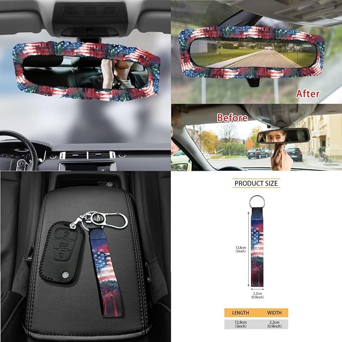 Car Seat Covers 15Pcs Full Set Car Steering Wheel Cover Seat Belt Cover Trash Bin Air Vent Storage Box Rear View Mirror Car Cup Holder Keychain, Vintage American Patriotic Flag