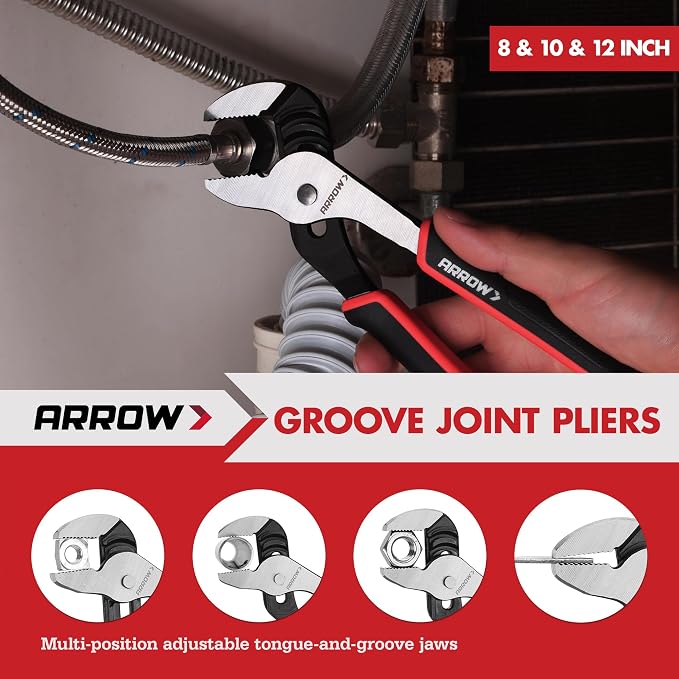ARROW 8-Piece Pliers and Wrench Set, 12"/10"/8" Groove Joint Pliers, 8" & 6" Long Needle Nose, 8" Linesman, 6" Slip Joint, 8" Adjustable Wrench, Dual-Color TPR Handles, Roll-Up Pouch Included