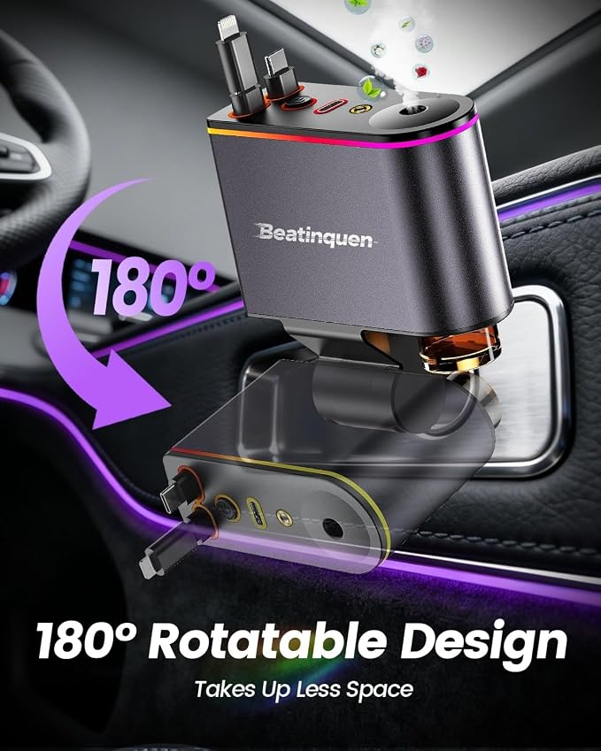 5 in 1 Retractable Car Charger USB C,Smart Car Air Freshener Diffuser | Charging Retractable Car Phone Charger with aromatherapy diffusers,66W Cigarette Lighter Adapter Type-C for iPhone17/16/15/14