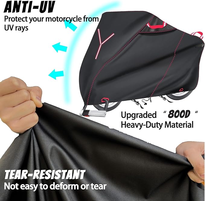 800D Motorcycle Cover 91 Inch - Outdoor Moped Cover with Lock Hole Universal Fit, Heavy Duty & All-Weather Waterproof Motor Cycle Protection Fit for Harley, Honda, Kawasaki, Fit Up to 91" Motorcycles
