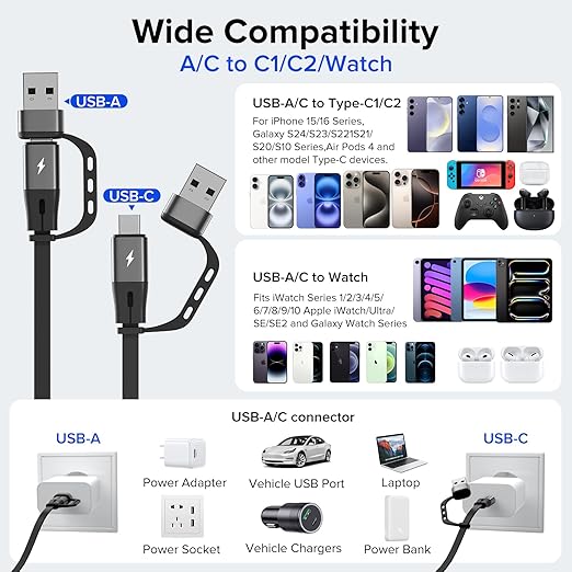 100W Retractable USB C Cable, 3 in 2 USB C Cable for Apple Watch Charger/iPhone 16 Charger,Multi Charging Cable Cord,Camping Essentials,Portable Designed for iWatch &iPhone 17-15-4.27FT