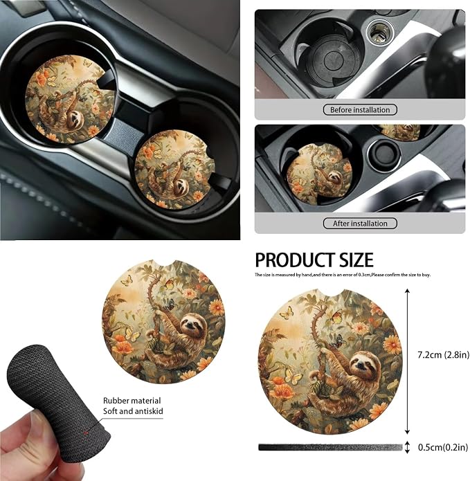 Sloth Butterfly Daisy Print 13 Pieces Car Interior Accessories, Auto Front and Rear Seat Cover Set of 4, 1 Comfort Steering Wheel Cover, 4 Soft Seat Belt Cover, 4 Cup Holder Coasters