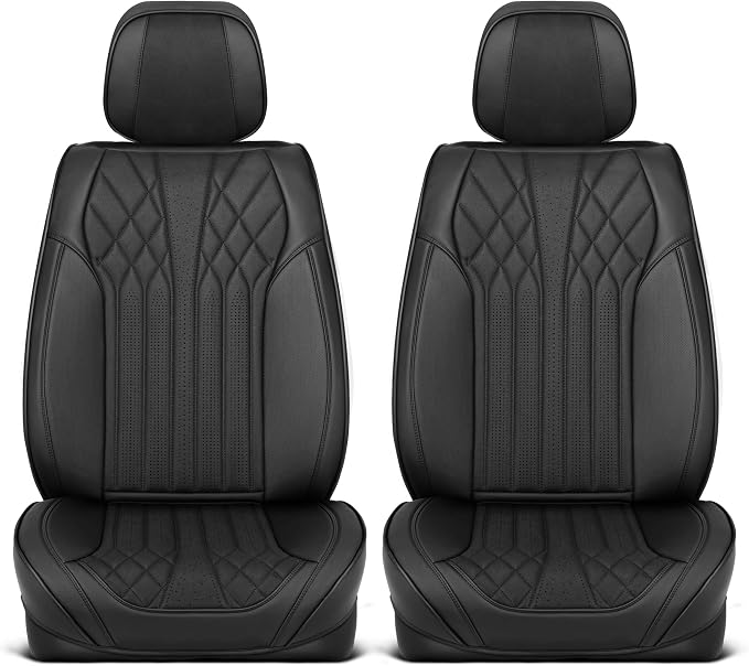 MotorBox Elite Edition Faux Leather & Suede Seat Covers for Cars, Trucks, & SUV - 2 Black Car Seat Covers for Front Seats - Universal Fit Car Accessories Automotive Interior Cover Protector for Cars