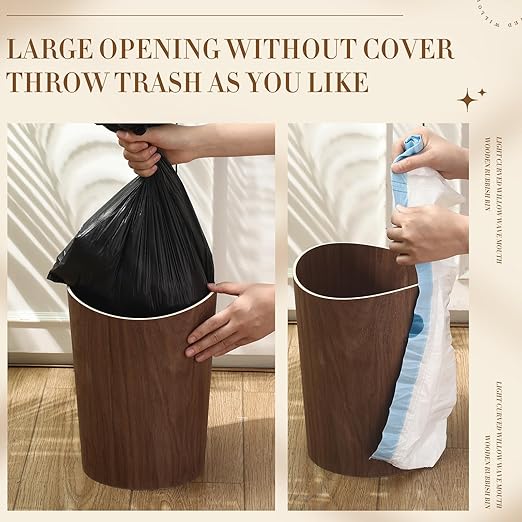 Threehoney 2 Pack 2.3 Gallons Wood Trash Can Wastebasket Natural Wood Round Wastebasket Small Trash Bin for Home, Office Under Desk, Kitchen, Bedroom, Den, Hotel, Room (Dark Wood,Wavy)