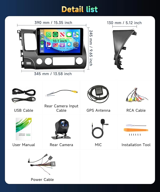 4G 128G Car Radio for Honda Civic 2006-2011 Stereo 10.1 inch Incell Touch Screen Wireless CarPlay Android Auto Android Head Unit DAB Bluetooth GPS 5G WiFi SWC Backup Camera