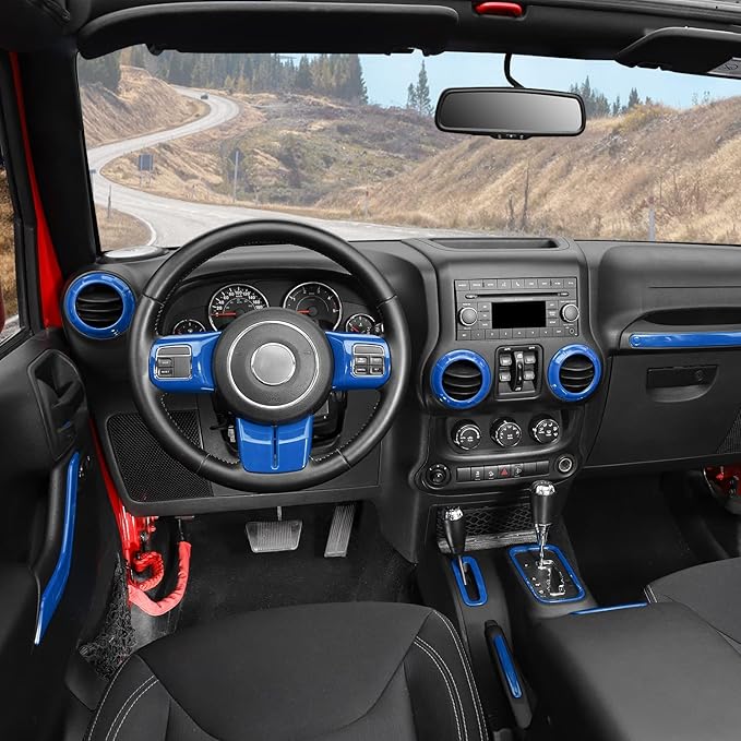 RAZPOY JK 18PCS Interior Trim Kit, Steering Wheel Trim & Gear Shift Cover Air Conditioning Vent Trim Compatible with 2011-2017 Jeep Wrangler JK 4-Door, Blue