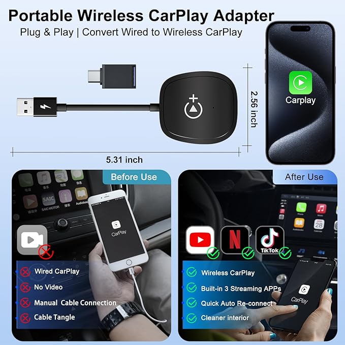 XHU Wireless CarPlay Adapter, CarPlay Wireless Adapter Supports Netflix, YouTube, and TikTok Stream Media Play, for OEM Wired CarPlay to Wireless Dongle, Only Fits for iOS 10+ Phone & Cars from 2016