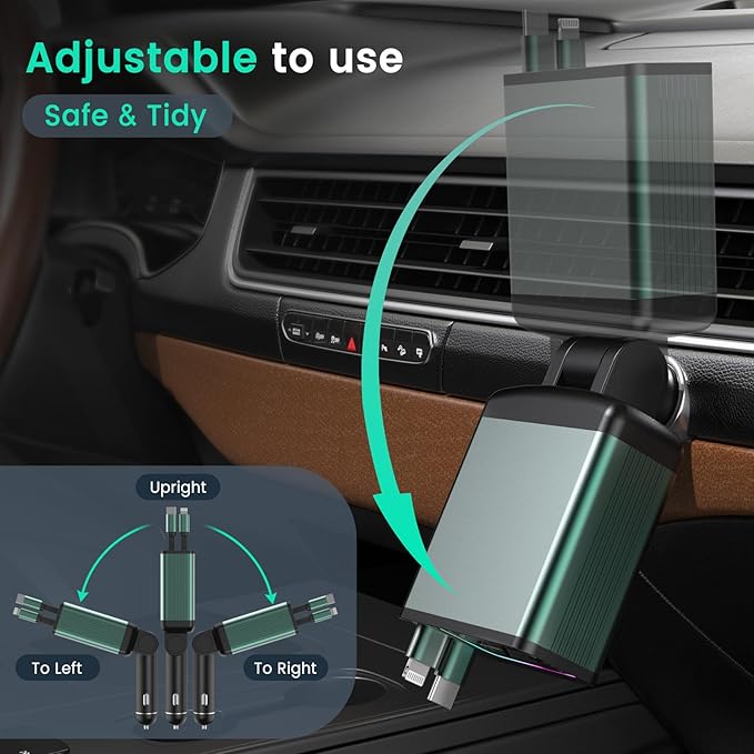 4 in 1 Retractable Car Charger, USB C Car Accessories Adapter for iPhone, Fast Charging with 2.62ft Cords, Road Trip Essentials and Travel Gifts for iPhone 16/15/14/13/12 Series, iPad, Galaxy, Pixel