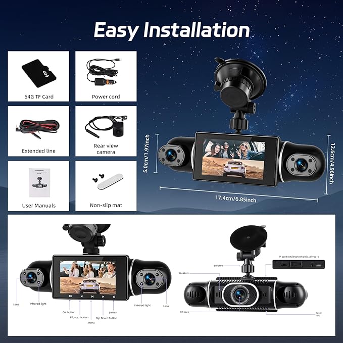 360°View 4 Channel Dash Cam, 2K+1080P Front and Rear Inside Left Right, NHOPEEW 3 inch IPS Screen Dash Camera for Cars, WiFi/APP Control, Night Vision, 24H Parking Mode, 64GB TF Card, Loop Recordin