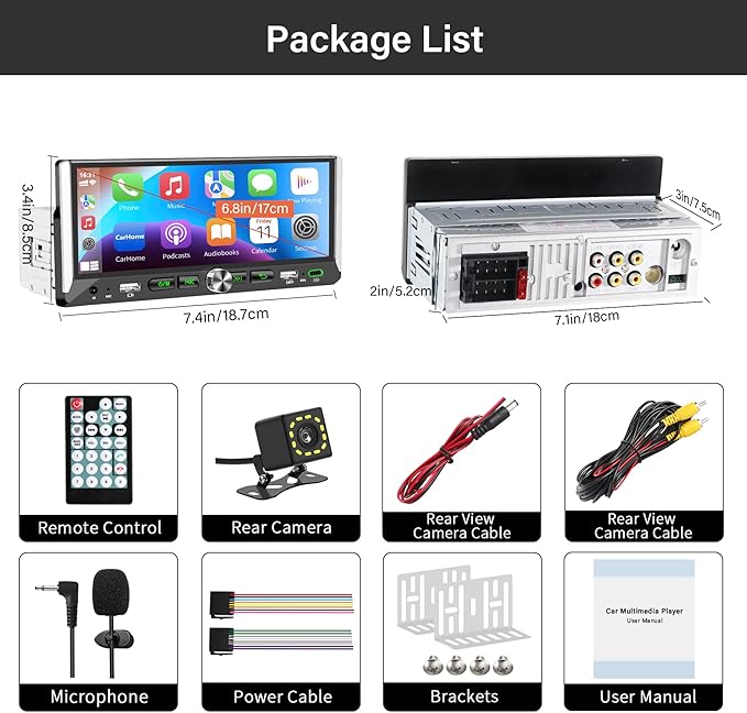 Single Din Car Stereo with Wireless Apple Carplay Android Auto, Car Stereo with 6.9'' Touchscreen Radio,Car Bluetooth Radio,Type-C/Dual USB with Backup Camera,Car MP5
