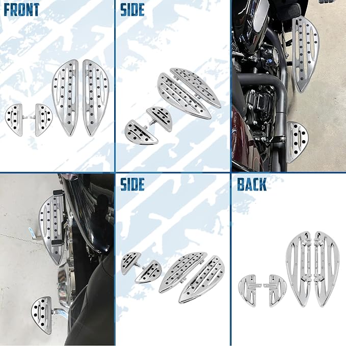 Motorcycle Floorboards Set Driver Front Footboards and Rear Passenger Foot Pegs Kit Hollow Striped Style Compatible with Harley Touring Road King Road Glide Electra Glide Street Glide (Chrome)