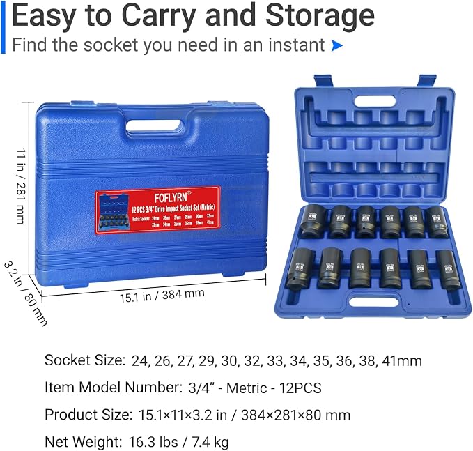 3/4" Drive Impact Socket Set,6-Point Metric Socket Set (24-41mm),12PCS Cr-Mo Material High Durability Heavy Duty Jumbo Deep Socket Set with Storage Case.