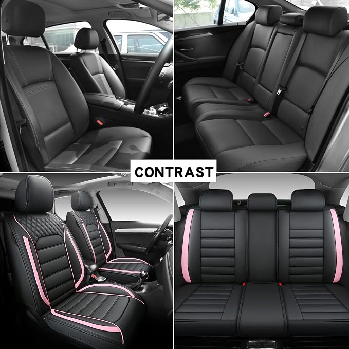 Quiln03 Leather Seat Cover 5 Seat Full, Universal Suitable for Most Cars, SUVs, Pickup Trucks, Airbag Compatible Car Seat Cushion Covers (Black&Pink)