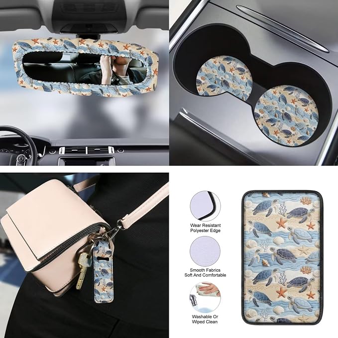 Sea Turtle Print Car Seat Cover Sets Full Set Starfish Shell Print Front and Rear Car Seat Covers Steering Wheel Cover Safety Belt Pads Headrest Protectors Center Console Pad Keychain