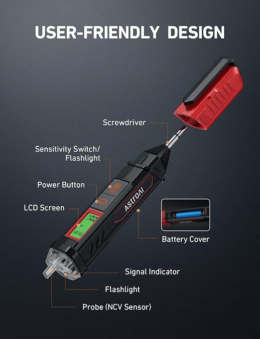 AstroAI VTS1000H Voltage Tester with Screwdriver, Non-Contact Electrical Tester, Dual Range AC 12V/70V-1000V, Live Wire Test, Wire Breakpoint Finder, Audible Alarm, LCD Percentage Display, Red
