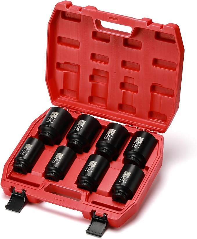 EMENTOL 8PCS 1/2-Inch Drive Spindle Axle Nut Impact Socket Set, CR-MO, 6 Point, SAE, 1/2" Dr. Deep Impact Socket Set, 1-9/16 Inch - 2 Inch