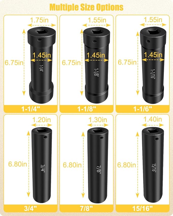 1/2 Inch Drive Extended Length Impact Socket, Extended Deep Sockets Hex Sizes 3/4in 7/8in 15/16in 1-1/16in 1-1/8in 1-1/4in Impact Set Heavy Duty with Case, 6PCS