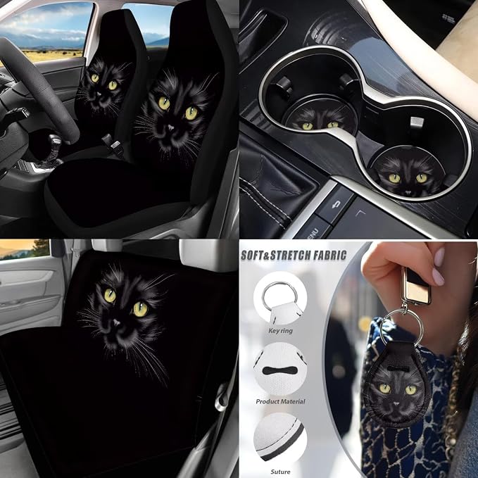 Black Cat Car Aaccessories Full Set of 17 Pcs,Black Cat Car Seat Covers Set with Heavy Duty Floor Mats,Steering Wheel Covers,Cool Print Seat Belt Shoulder Pad for Women Man,Universal Fit