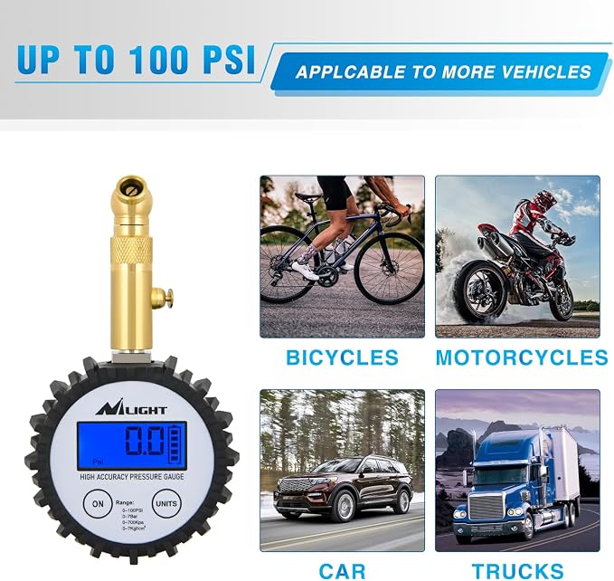 Nilight Digital Tire Pressure Gauge 100PSI Heavy Duty Stainless Steel Air Chucks ANSI 2A Certified Large Dial Wheel Service Checker for Truck Semi Truck ATV Motorhome Cars & RV Accessories