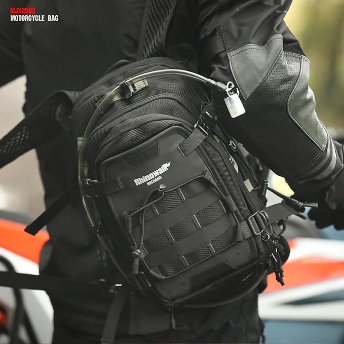 Rhinowalk Motorcycle Tank Bag Travel Luggage Motorcycle Backpack with 1.5L Water Bladder MOLLE System Fits Honda Yamaha Suzuki Kawasaki Harley-Black