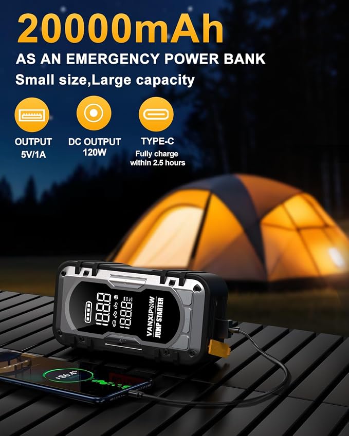 8000A Portable Car Battery Jump Starter with Air Compressor, 150PSI (9.0 L Gas/8.0L Diesel), 12V Jump Box Car Battery with 600 Lm LED Light, with Large LED Display, Power Bank