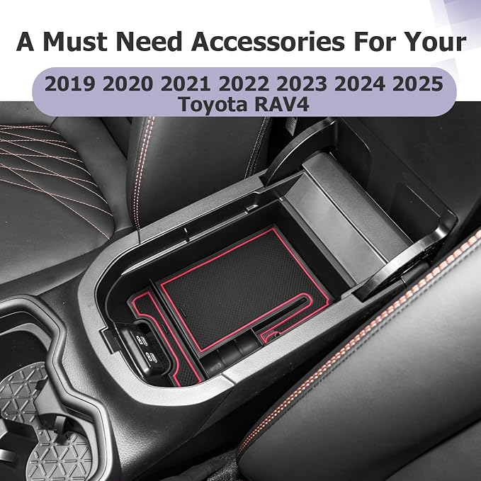 LUWU for 2025 Toyota RAV 4 Accessories Compatible with 2019 2020 2021 2022 2023 2024 2025 Toyota RAV 4 Center Console Organizer Armrest Console Secondary Storage Box Insert Tray ABS Material Red