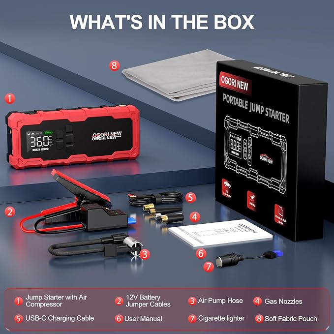 8000A Jump Starter with Air Compressor, 26800mAh 150PSI Portable Car Battery Jump Starter (All Gas/16L Diesel), 12V Supersafe Jump Box Car Battery Booster with Jumper Cables, Lights, Cigarette Lighter