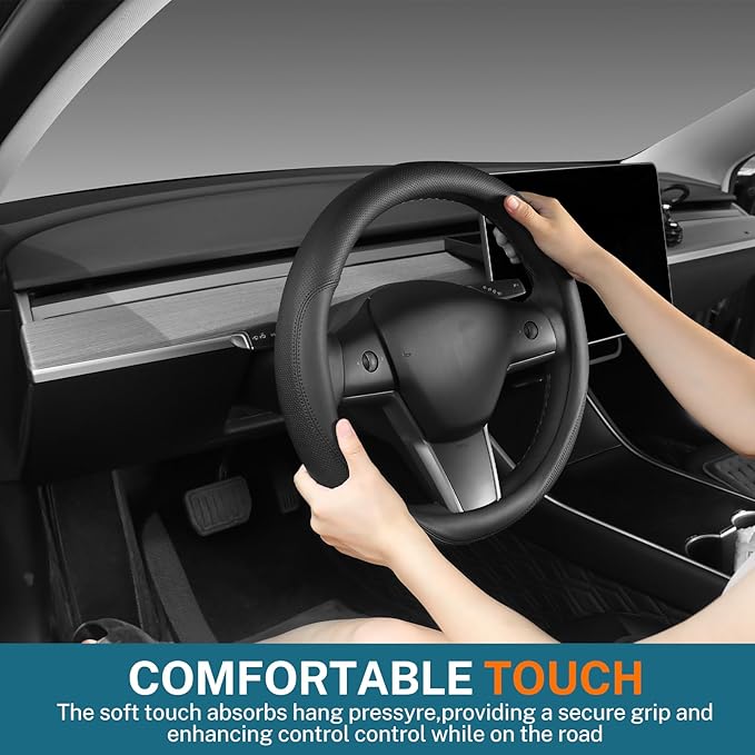 Leather Steering Wheel Cover Custom-Fit for Tesla Model 3/Y 2016-2026, Comfort Grip Design Breathable and Non-Slip, Model 3/Y Car Steering Wheel Protector, Tesla Accessories,Black(A-Style, for Tesla)