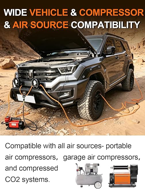 SAFELIFE 4 Tire Inflation/Deflation System, Inflate or Deflate All 4 Tires at Once, Rapid High-Flow Air Up Down Kit w/Inflator Hose & Digital Pressure Gauge for Truck, Car, Trailers & Motorcycles