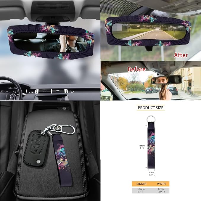 Turtle Paint Spatter Print Car Accessories Set of 15, Auto Seat Protector Steering Wheel Cushion Seat Belt Pad Air Vent Bag Trash Can Keychain Mirror Cover Cup Coasters