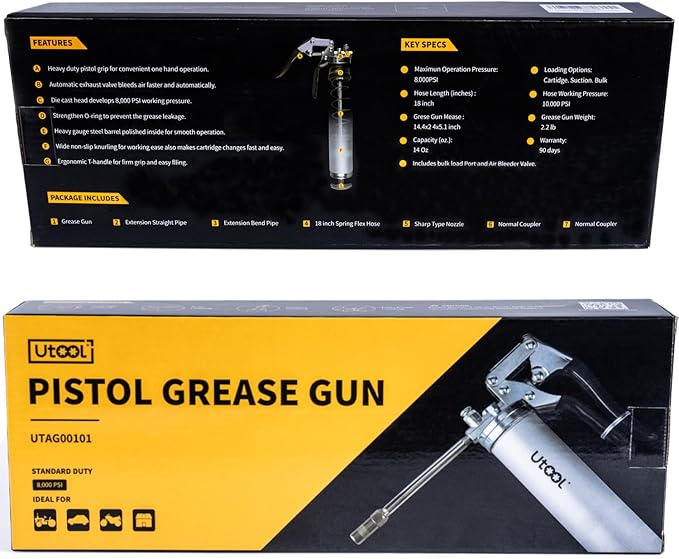 UTOOL Grease Gun | 8000 PSI Heavy Duty Pistol Grip Grease Gun Kit, 14 oz Capacity, 18 Inch Resin Flex Hose, 2 Basic Coupler, 2 Extension Rigid Pipe and 1 Sharp Type Nozzle