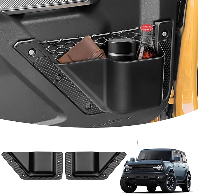 2PCS Front Door Storage Pockets Compatible with 2021-2025 2026 Ford Bronco Accessories Cup Holder Side Organizer Box for Bronco Storage 2/4 Door (Not Sport)
