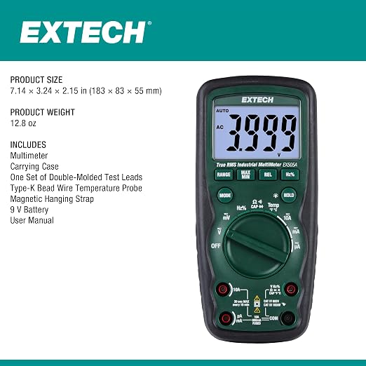 Extech EX505A Heavy Duty True RMS Multimeter (6000 Count) | AC/DC to 1000V, current, resistance, capacitance, frequency, Type K, IP67, 2m drop, magnetic strap