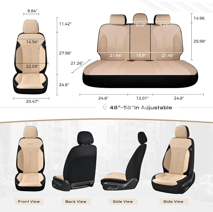 Coverado Front Seat Leather Covers, Full Leather Construction with Carbon Fibre Weave, Universal Fit for Most Cars SUV Trucks (Beige)