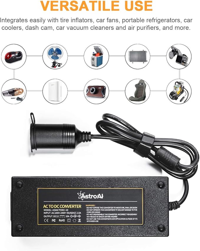 AstroAI Cordless Tire Inflator and AstroAI AC to DC Converter 10A/120W/7.78FT