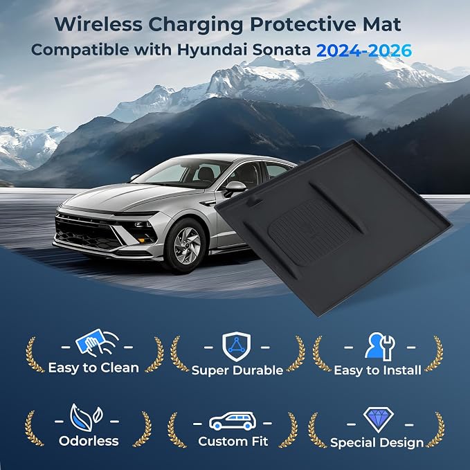 Wireless Charging Protective Mat for Hyundai Sonata 2026 2025 2024, Interior Accessories Center Console Silicone Anti-Slip Wireless Charger Cover Pad Protector for 2024-2026 Sonata, Black